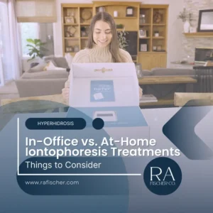 Blog cover image for blog article "In-Office vs. At-Home Iontophoresis Treatments: Which Is Right for You?" | Weigh the benefits of in-office vs. at-home iontophoresis treatments. Discover the convenience, cost, and flexibility of managing hyperhidrosis with an at-home device.