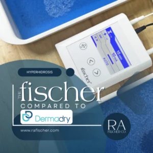 Blog cover image for blog article "The Fischer vs. Dermadry: Which Iontophoresis Device is Better for Hyperhidrosis?" | Compare Fischer vs Dermadry to find the best iontophoresis device for hyperhidrosis. The Fischer offers better durability, customization, and insurance support.