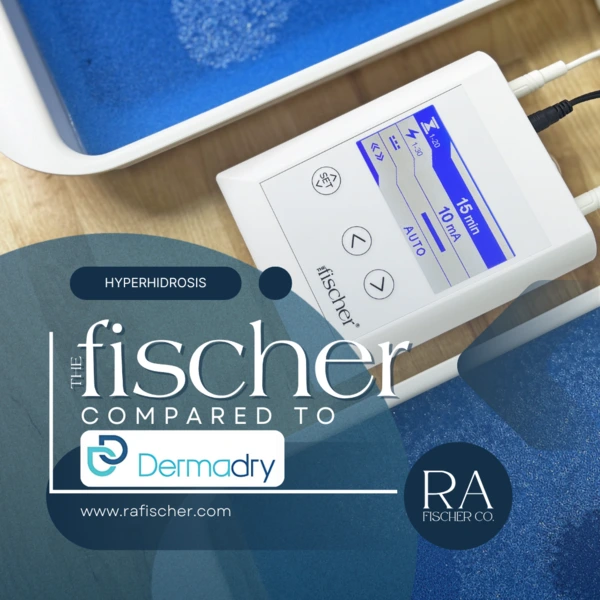 Blog cover image for blog article "The Fischer vs. Dermadry: Which Iontophoresis Device is Better for Hyperhidrosis?" | Compare Fischer vs Dermadry to find the best iontophoresis device for hyperhidrosis. The Fischer offers better durability, customization, and insurance support.