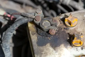 Photograph with detailed view of a corroded car battery showing wires and connectors.